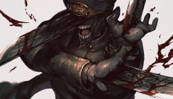 Rule 34 | 1boy, arm blade, black coat, black headwear, blood, blood splatter, blood on hands, bloody weapon, chainsaw man, coat, demon, hat, highres, ibuo (ibukht1015), katana, katana man (chainsaw man), male focus, monster, open clothes, open coat, sword, teeth, tongue, weapon, white background