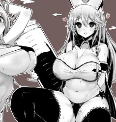 Rule 34 | 1girl, armband, armlet, bare shoulders, black thighhighs, blush, breasts, character request, crop top, freedom nakai, greyscale, hair flaps, hat, heart, heart-shaped pupils, highres, huge breasts, large syringe, long hair, looking at viewer, monochrome, navel, nurse cap, oversized object, panties, romancing saga re;universe, side-tie panties, sitting, solo, stomach, sweat, symbol-shaped pupils, syringe, tank top, thighhighs, underwear, wing collar