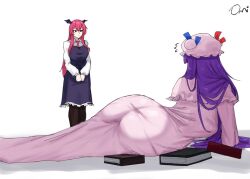 Rule 34 | 2girls, ass, bat wings, book, demon wings, dress, expressionless, fallen down, flustered, hat, hat ornament, head wings, koakuma, long hair, long sleeves, looking at another, lying, mob cap, multiple girls, necktie, omikami, on floor, on side, patchouli knowledge, purple hair, red eyes, red hair, red necktie, ribbon, shirt, simple background, standing, sweatdrop, touhou, white background, white shirt, wings