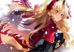 Rule 34 | 1girl, absurdres, black dress, black headwear, blonde hair, cape, closed mouth, dress, earrings, ereshkigal (fate), fate/grand order, fate (series), hair ribbon, highres, infinity symbol, jewelry, light particles, long hair, long sleeves, looking at viewer, motion blur, parted bangs, pomu (pomu me), print cape, purple ribbon, red cape, red eyes, ribbon, smile, solo, standing, tiara, two-sided cape, two-sided fabric, two side up, white background, wind