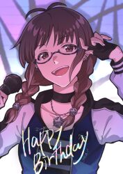 Rule 34 | 1girl, akizuki ritsuko, antenna hair, bad id, bad twitter id, black choker, black gloves, bow, braid, breasts, brown eyes, brown hair, choker, collarbone, dated, earrings, fingerless gloves, glasses, gloves, grey-framed eyewear, hair bow, hair ornament, half gloves, hands up, happy, highres, holding, holding microphone, idolmaster, idolmaster (classic), idolmaster million live!, idolmaster million live! theater days, jacket, jewelry, long hair, long sleeves, looking at viewer, medium breasts, microphone, multicolored clothes, multicolored jacket, necklace, open mouth, shadow, smile, solo, ssmgottani, star (symbol), star earrings, star hair ornament, star necklace, teeth, twin braids, twintails, twitter username, two-tone jacket, upper body, upper teeth only, wall