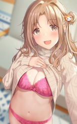Rule 34 | 1girl, :d, blurry, blush, bra, breasts, brown eyes, cleavage, clothes lift, commentary request, depth of field, forehead, hair bun, hair ornament, head tilt, highres, ichikawa hinana, idolmaster, idolmaster shiny colors, indoors, koukoku, large breasts, lifted by self, long sleeves, looking at viewer, navel, open mouth, outstretched arm, panties, parted bangs, pink bra, pink panties, selfie, side bun, single hair bun, single side bun, smile, solo, stomach, sweater, sweater lift, underwear
