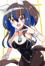 Rule 34 | 1girl, absurdres, akkunz, animal ears, black pantyhose, blue hair, blush, breasts, brown hair, cleavage, clenched hand, colored inner hair, commentary request, cowboy shot, daitaku helios (umamusume), detached collar, ear covers, fang, hair between eyes, highleg, highleg leotard, highres, horse ears, horse girl, horse tail, jewelry, large breasts, leotard, long hair, multicolored hair, necklace, nontraditional playboy bunny, pantyhose, simple background, smile, solo, strapless, strapless leotard, streaked hair, tail, umamusume, v, white background, wrist cuffs, yellow eyes