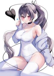 Rule 34 | 1girl, ayuma sayu, bare shoulders, black choker, black hair, blush, breasts, choker, cleavage, commentary request, demon tail, hand up, highres, jacket, large breasts, long hair, long sleeves, looking at viewer, off shoulder, open mouth, original, panties, ponytail, red eyes, shirt, simple background, solo, tail, thighhighs, thighs, underwear, white background, white jacket, white panties, white shirt, white thighhighs