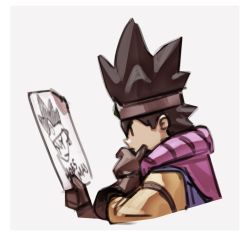 Rule 34 | 1boy, black eyes, brown gloves, cape, circlet, closed mouth, commentary, cropped torso, dragon quest, dragon quest iii, english commentary, gloves, hand on own chin, male focus, nin nakajima, nintendo, paper, purple cape, roto (dq3), solo, spiked hair, stroking own chin, super smash bros., tunic, | |