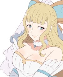 Rule 34 | 1girl, bare shoulders, blonde hair, blue eyes, bow, breasts, bride, bride (fire emblem), charlotte (bridal) (fire emblem), charlotte (fire emblem), choker, cleavage, collarbone, commentary request, dress, fire emblem, fire emblem heroes, hair bow, long hair, medium breasts, nintendo, rem (eyes 410), simple background, smile, solo, upper body, wedding dress, white background, white choker, white dress