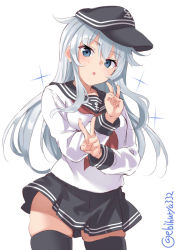 Rule 34 | 1girl, anchor symbol, black hat, black sailor collar, black skirt, black thighhighs, blue eyes, blush, cowboy shot, double v, ebifurya, flat cap, hair between eyes, hat, hibiki (kancolle), highres, kantai collection, long hair, long sleeves, neckerchief, one-hour drawing challenge, open mouth, pleated skirt, red neckerchief, sailor collar, school uniform, serafuku, silver hair, simple background, skirt, solo, thighhighs, twitter username, v, white background