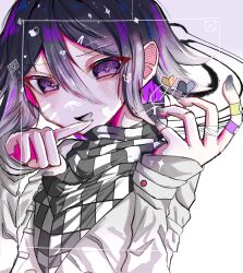 Rule 34 | 1boy, :d, absurdres, black hair, checkered clothes, checkered scarf, danganronpa (series), danganronpa v3: killing harmony, flipped hair, grey jacket, hair between eyes, hands up, heart, highres, jacket, kyo ya (utsuroya), long sleeves, looking at viewer, male focus, oma kokichi, open mouth, purple eyes, purple hair, scarf, simple background, smile, solo, white background