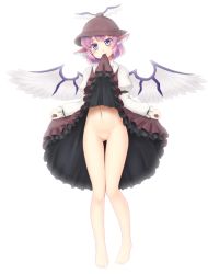 Rule 34 | 1girl, bad id, bad pixiv id, barefoot, blush, brown dress, brown hat, clothes in mouth, clothes lift, collared shirt, dress, dress in mouth, dress lift, earrings, frilled dress, frilled sleeves, frills, full body, hat, head tilt, head wings, isaki (gomi), jewelry, juliet sleeves, lifted by self, long sleeves, looking at viewer, mouth hold, mystia lorelei, navel, no panties, pink hair, puffy sleeves, purple eyes, pussy, shirt, short hair, solo, standing, stomach, thigh gap, touhou, white dress, white wings, wings
