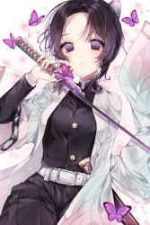 Rule 34 | 1girl, animal, belt, belt buckle, black jacket, black skirt, breasts, buckle, bug, butterfly, butterfly hair ornament, commentary request, fingernails, floral background, hair ornament, hand up, highres, holding, holding sword, holding weapon, insect, jacket, katana, kimetsu no yaiba, kochou shinobu, long sleeves, looking at viewer, medium breasts, open clothes, parted bangs, parted lips, petals, pleated skirt, purple eyes, purple hair, sheath, skirt, solo, sword, taya oco, twitter username, unsheathed, weapon, white background, white belt, wide sleeves