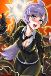 Rule 34 | 1girl, ahoge, anabel (pokemon), artist name, black gloves, black pants, black ribbon, blazer, blush, bra, bra peek, breasts, cleavage, collared shirt, creature, creatures (company), electricity, game freak, gen 7 pokemon, gloves, gun, hair ribbon, handgun, holding, holding gun, holding weapon, jacket, lips, long hair, long sleeves, looking at viewer, low ponytail, necktie, nintendo, open mouth, pants, pink lips, pokemon, pokemon (creature), pokemon sm, purple eyes, purple hair, restrained, revolver, ribbon, satou shouji, shirt, solo, sweat, ultra beast, unbuttoned, unbuttoned shirt, underwear, weapon, white shirt, wire, xurkitree