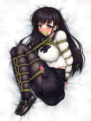 Rule 34 | 1girl, arms behind back, bdsm, bed sheet, black bow, black bowtie, black footwear, black hair, black pantyhose, black sailor collar, black skirt, blush, bondage, bound, bound arms, bound legs, bow, bowtie, breasts, controller, embarrassed, female focus, from above, gag, gagged, highres, improvised gag, legs together, long hair, long sleeves, looking at viewer, lying, medium breasts, miniskirt, nose blush, on side, original, pantyhose, pleated skirt, remote control, remote control vibrator, rope, sailor collar, sakurayashiki nisei, school uniform, serafuku, sex toy, shirt, shoes, skindentation, skirt, solo, tape, tape gag, tears, textless version, vibrator, vibrator cord, vibrator under clothes, white background, white shirt, yellow eyes