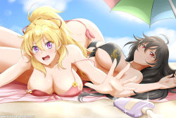 Rule 34 | 2girls, ahoge, armpits, ass, banned artist, beach, bikini, black bikini, black hair, blonde hair, blue sky, blurry, blurry background, breasts, butt crack, cleavage, closed mouth, cloud, front-tie bikini top, front-tie top, frown, hair between eyes, hair ribbon, highres, kimmy77, large breasts, lens flare, long hair, looking at viewer, lying, mother and daughter, multiple girls, on back, open mouth, outdoors, outstretched hand, parasol, pink bikini, print bikini, purple eyes, raven branwen, red eyes, red ribbon, ribbon, rwby, side-tie bikini bottom, sideboob, sky, strap gap, summer, swimsuit, umbrella, underboob, untied bikini, very long hair, yang xiao long