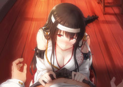 Rule 34 | 10s, 1boy, 1girl, absurdres, admiral (kancolle), assisted exposure, black hair, black pants, blush, breasts, buttons, cleavage, closed mouth, detached sleeves, erection, erection under clothes, evening, fingernails, from above, full-face blush, fusou (kancolle), hairband, headband, highres, imminent fellatio, indoors, japanese clothes, kantai collection, kimono, large breasts, leaf print, long hair, long sleeves, looking at viewer, navel, open fly, out of frame, pants, pov, red eyes, red skirt, remodel (kantai collection), skirt, sleeveless, sleeveless kimono, smile, solo focus, stomach, sunlight, unbuttoned, unzipped, wooden floor, yinzhai