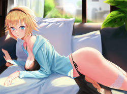 Rule 34 | 1girl, bad id, bad pixiv id, bikini, black bikini, black hairband, blonde hair, blue eyes, blurry, blurry background, braid, braided ponytail, breasts, cleavage, couch, fate/grand order, fate (series), hair between eyes, hairband, hood, hood down, hooded jacket, indoors, jacket, jeanne d&#039;arc (fate), jeanne d&#039;arc (ruler) (fate), jeanne d&#039;arc (swimsuit archer) (fate), long hair, long sleeves, looking at viewer, lying, medium breasts, on stomach, open clothes, open jacket, parted lips, sansan (dongfangzhong111), side-tie bikini bottom, solo, swimsuit, thigh strap, very long hair