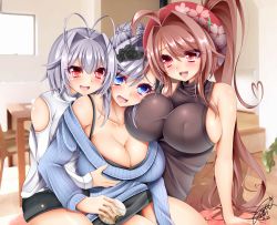 Rule 34 | 3girls, antenna hair, arm support, black panties, blue eyes, blush, bow, breasts, brown eyes, brown hair, cleavage, collarbone, cowboy shot, dated, eating, eyelashes, food, girl sandwich, hair intakes, highres, indoors, jotti, large breasts, legs together, long hair, looking at another, looking at viewer, medium breasts, microskirt, mother and daughter, multiple girls, off-shoulder, off-shoulder sweater, open mouth, original, panties, red eyes, reimusan (jotti), ribbed sweater, ribbon, sakurako (jotti), sandwiched, shirt, short hair, short shorts, short sleeves, shorts, side ponytail, signature, silver hair, sitting, skindentation, skirt, sweater, underboob, underwear, urako (jotti), wife and wife