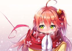 Rule 34 | 1girl, absurdres, ahoge, alternate costume, animal print, bell, blush, breath, cherry blossom print, dyx217, floral print, green eyes, hair bell, hair between eyes, hair ornament, hairclip, highres, hololive, long hair, mittens, one side up, pink hair, rabbit print, red scarf, sakura miko, sakura miko (1st costume), scarf, solo, virtual youtuber, winter clothes