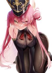 Rule 34 | 1girl, absurdres, all fours, bare shoulders, blush, breasts, cleavage, hair ribbon, hat, heterochromia, highres, hololive, houshou marine, houshou marine (marching band), large breasts, long hair, looking at viewer, open mouth, pantyhose, red eyes, red hair, ribbon, smile, solo, sousakuureir, twintails, virtual youtuber, yellow eyes