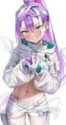 Rule 34 | 1girl, absurdres, belt, breasts, cleavage, colored inner hair, demon girl, demon tail, demon wings, double v, ear piercing, gloves, goggles, goggles on head, green eyes, green tea (greente42869067), hair between eyes, highres, hip tattoo, hololive, knee pads, long hair, long sleeves, looking at viewer, medium breasts, midriff, multicolored hair, navel, navel piercing, official alternate costume, piercing, pink hair, pointy ears, ponytail, purple hair, see-through, see-through sleeves, short shorts, shorts, solo, streaked hair, tail, tokoyami towa, tokoyami towa (5th costume), v, virtual youtuber, white belt, white gloves, white hair, white shorts, wings