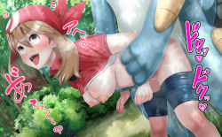 Rule 34 | 1girl, ahegao, anetani kiki, arm grab, bandana, bent over, bike shorts, bike shorts pull, breasts, brown hair, clothes lift, creatures (company), crying, crying with eyes open, game freak, gen 3 pokemon, hair between eyes, highres, looking up, may (pokemon), medium breasts, motion lines, nintendo, nipples, no bra, pokemon, pokemon (creature), pokemon rse, sex, sex from behind, shiny skin, shirt lift, standing, standing sex, swampert, tears, tongue, tongue out