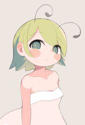 Rule 34 | 1girl, alternate costume, antennae, blush, blush stickers, breasts, cowboy shot, dress, expressionless, green eyes, green hair, grey background, highres, looking at viewer, medium bangs, parted lips, short hair, simple background, small breasts, solo, strapless, strapless dress, swept bangs, touhou, ugif, white dress, wriggle nightbug