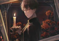 Rule 34 | 1boy, black hair, black jacket, candle, candlestand, collared jacket, commentary, daby, fire, flower, from side, hair between eyes, hand up, high collar, holding, holding candle, indoors, jacket, light, looking at viewer, looking to the side, male focus, mole, mole under eye, original, parted lips, picture frame, red eyes, red flower, red rose, rose, short hair, silk, solo, spider web, upper body