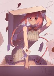 Rule 34 | 1girl, absurdres, bare arms, box, choker, feathered wings, gift, gift box, highres, letter, long hair, looking at viewer, love letter, pillowdear, pink hair, ribbon choker, tagme, virtual youtuber, watermark, white background, wings