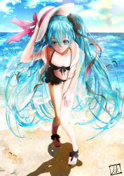 Rule 34 | 1girl, absurdres, beach, bikini, black bikini, black bow, blue eyes, blue hair, blue sky, bow, breasts, collarbone, day, floating hair, full body, hair between eyes, hair bow, hand on headwear, hand on lap, hat, hat ribbon, hatsune miku, highres, leaning forward, long hair, ocean, outdoors, purple ribbon, ribbon, shadow, sky, small breasts, smile, solo, standing, starfish, sun hat, swimsuit, twintails, very long hair, vocaloid, white hat