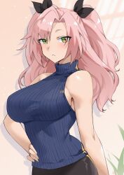 Rule 34 | 1girl, :&lt;, alternate costume, bare arms, bare shoulders, black ribbon, blue sweater, breasts, green eyes, hair ribbon, hand on own hip, highres, large breasts, linreplica, long hair, looking at viewer, nicole demara, pink hair, ribbon, sleeveless, sleeveless turtleneck, solo, sweater, turtleneck, two side up, upper body, very long hair, zenless zone zero