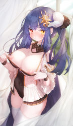 Rule 34 | 1girl, areola slip, bare shoulders, blunt bangs, blush, breasts, closed mouth, clothing cutout, covered navel, cowboy shot, curtains, day, detached collar, dress, flashing, frilled sleeves, frills, hair ornament, heterochromia, highres, horns, kuzel (bonolangje), large breasts, legs together, long hair, long sleeves, looking at viewer, microdress, nipple slip, nipples, original, pulled by self, purple hair, red eyes, shoulder cutout, skindentation, solo, standing, strap pull, thighhighs, twintails, white horns, white thighhighs, wide sleeves, window, wrist cuffs, yellow eyes