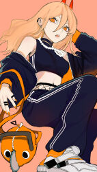 Rule 34 | 1girl, barbell piercing, black choker, black jacket, blonde hair, brown background, chainsaw, chainsaw man, character doll, choker, crop top, cross-shaped pupils, ear piercing, hair between eyes, highres, horns, industrial piercing, jacket, jewelry, long hair, looking at viewer, midriff, multiple piercings, necklace, off shoulder, open mouth, orange eyes, orange nails, pants, pearl necklace, piercing, pochita (chainsaw man), power (chainsaw man), red horns, ring, sailen0, simple background, sports bra, symbol-shaped pupils, track pants