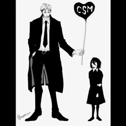 Rule 34 | 1boy, 1girl, age difference, balloon, chainsaw man, coat, full body, greyscale, hair between eyes, hand in pocket, highres, holding, holding balloon, holding own arm, kishibe (chainsaw man), looking at another, mature male, monochrome, mztk csm, nayuta (chainsaw man), necktie, pillarboxed, ringed eyes, twitter username