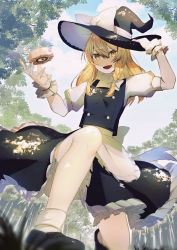 Rule 34 | 1girl, absurdres, apron, arm up, back bow, black dress, black footwear, black hat, blonde hair, blue sky, bow, braid, breasts, buttons, cloud, cloudy sky, commentary request, dress, fang, forest, frills, hair between eyes, hair bow, hand on headwear, hands up, hat, hat bow, highres, ikasoba, kirisame marisa, leaf, looking away, medium breasts, medium hair, mini-hakkero, nature, open mouth, puffy short sleeves, puffy sleeves, shadow, shirt, shoes, short sleeves, single braid, sky, smile, socks, solo, standing, standing on one leg, touhou, tree, white apron, white bow, white socks, witch hat, wrist cuffs, yellow eyes, yin yang