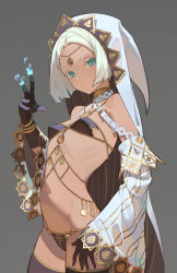 Rule 34 | 1girl, aqua eyes, armor, bangle, bare shoulders, bikini, bikini armor, black bikini, black gloves, bracelet, breasts, cowboy shot, dark-skinned female, dark skin, detached sleeves, forehead jewel, gloves, gold trim, grey background, highres, hood, jewelry, looking at viewer, magic, navel, necklace, original, parted bangs, revealing clothes, shezhara, short hair, simple background, small breasts, solo, swimsuit, thighhighs, timbougami, white hair, wide sleeves