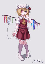 Rule 34 | 1girl, absurdres, ascot, blonde hair, bow, crystal, dated, female focus, flandre scarlet, frilled shirt, frilled shirt collar, frilled skirt, frills, full body, grey background, hat, hat ribbon, highres, mob cap, no shoes, puffy short sleeves, puffy sleeves, radiohead (band), red bow, red eyes, red ribbon, red skirt, red vest, ribbon, shirt, short hair, short sleeves, simple background, skirt, socks, standing, tongue, tongue out, touhou, vest, white shirt, white socks, wings, yellow ascot, yonoisan