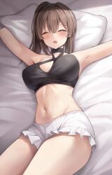 Rule 34 | 1girl, absurdres, armpits, arms up, bare shoulders, bed sheet, black choker, black shirt, breasts, brown hair, choker, closed eyes, criss-cross halter, crop top, facing viewer, frilled skirt, frills, halterneck, highres, large breasts, lying, midriff, miniskirt, navel, on back, on bed, open mouth, original, outstretched arms, pillow, ponytail, redshark (t373412), shirt, skirt, sleeping, sleeveless, sleeveless shirt, solo, stomach, thighs, white skirt