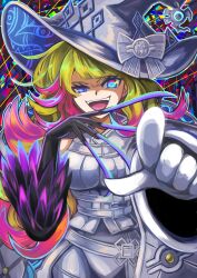 Rule 34 | 1girl, belt, blonde hair, blue eyes, breasts, colored tips, dashinoya, diabellze the original sinkeeper, duel monster, eye of horus, gesugao, gloves, hat, large breasts, long hair, multicolored hair, open mouth, pointing, pointing at viewer, purple hair, single sleeve, smile, solo, streaked hair, very long fingernails, witch hat, yu-gi-oh!
