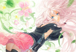 Rule 34 | 1girl, blue eyes, braid, casual, detached sleeves, floating hair, flower, from behind, ia (vocaloid), leaf, long hair, looking at viewer, looking back, off shoulder, open mouth, parted lips, pink hair, pleated skirt, skirt, solo, thighhighs, twin braids, very long hair, vocaloid, watermark, web address, white hair, wind, yamakawa (sato), yamakawa umi, zettai ryouiki