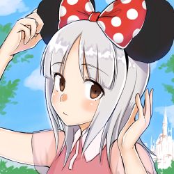 Rule 34 | 1girl, bow, brave witches, brown eyes, castle, disney, disneyland, edytha rossmann, emirio (emirio110), highres, looking at viewer, minnie mouse ears, polka dot, polka dot bow, silver hair, solo, world witches series