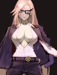 Rule 34 | 1girl, alternate costume, amputee, baiken, belt, belt buckle, black background, black belt, black jacket, black pants, blazer, breasts, buckle, cleavage, closed mouth, collared shirt, cowboy shot, dress shirt, expressionless, eyepatch, facial tattoo, guilty gear, guilty gear xrd, jacket, jacket on shoulders, jako (toyprn), large breasts, long hair, looking at viewer, one-eyed, open clothes, open jacket, open shirt, pants, partially unbuttoned, pink eyes, pink hair, scar, scar across eye, scar on face, shirt, simple background, solo, tattoo, white shirt