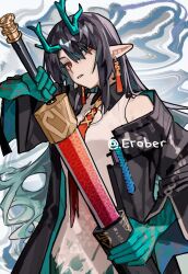 Rule 34 | 1girl, arknights, bare shoulders, black hair, black jacket, blue hair, breasts, collared dress, commentary request, dragon horns, dress, dusk (arknights), earrings, erober, hair over one eye, highres, holding, holding sheath, holding sword, holding weapon, horns, jacket, jewelry, long sleeves, medium breasts, multicolored hair, off shoulder, open clothes, open jacket, parted lips, pointy ears, red eyes, sheath, sleeveless, sleeveless dress, solo, streaked hair, sword, twitter username, unsheathing, weapon, white dress, wide sleeves