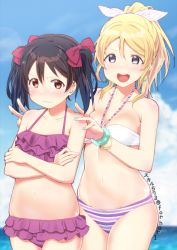 Rule 34 | 10s, 2girls, :d, ayase eli, bikini, black hair, blonde hair, blue eyes, blue sky, blush, bow, breasts, closed mouth, cloud, crossed arms, day, earrings, frilled bikini, frills, hair bow, hair ribbon, jewelry, looking at viewer, love live!, love live! school idol project, medium breasts, multiple girls, navel, ocean, open mouth, outdoors, pink bikini, red bow, red eyes, ribbon, short hair, skull573, sky, smile, standing, striped bikini, striped bikini bottom, striped clothes, striped ribbon, swimsuit, twintails, water, wavy mouth, yazawa nico