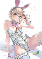 Rule 34 | 1boy, animal ears, aqua nails, aqua suit, aqua thighhighs, arm behind back, bare shoulders, black headdress, blonde hair, blue eyes, bow, bowtie, butt plug, carrot butt plug, crossdressing, detached collar, dildo, fishnet thighhighs, fishnets, food-themed hair ornament, formal, hair between eyes, hair bow, hair ornament, hairclip, hand up, head tilt, highres, holding, holding sex toy, ice cream hair ornament, looking at viewer, male playboy bunny, applying manicure, nail polish, open mouth, original, purple bow, purple bowtie, rabbit ears, rabbit hair ornament, sex toy, simple background, sitting, star (symbol), star hair ornament, suit, thighhighs, trap, vibrator, white background, white bow, white suit, wrist cuffs, yoruhachi