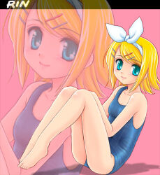 Rule 34 | 1girl, barefoot, blonde hair, blue eyes, blush, bow, character name, collarbone, feet, hair ornament, hands on own knees, houjyouin, kagamine rin, looking at viewer, lowres, one-piece swimsuit, school swimsuit, short hair, sitting, smile, solo, swimsuit, vocaloid, zoom layer