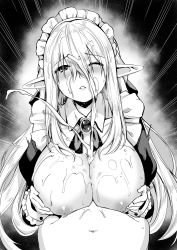 Rule 34 | 1boy, 1girl, blush, breasts, breasts out, breasts squeezed together, brooch, cum, cum on body, cum on breasts, cum on upper body, ejaculation, elf, facial, greyscale, hetero, highres, jewelry, large breasts, long hair, maid, maid headdress, monochrome, nipples, one eye closed, original, paizuri, parted lips, pointy ears, projectile cum, shibi, solo focus