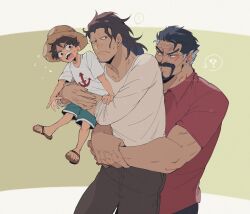 Rule 34 | 3boys, ?, aged down, agedashi doufu mk23, anchor symbol, beard, beard stubble, black hair, border, carrying, carrying person, child, commentary request, cowboy shot, facial hair, father and son, grandfather and grandson, hat, highres, hug, letterboxed, long hair, long sleeves, looking at another, male focus, monkey d. dragon, monkey d. garp, monkey d. luffy, multiple boys, one piece, outside border, ovasayuri, sandals, sanpaku, scar, scar on face, shorts, straw hat, stubble, v-shaped eyebrows, white border