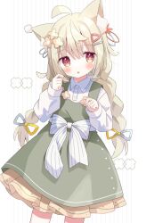 Rule 34 | 1girl, :o, ahoge, animal ear fluff, animal ears, blonde hair, blush, bow, braid, collared shirt, commentary request, commission, dress, flower, green dress, hair between eyes, hair flower, hair ornament, hairclip, hands up, highres, long sleeves, looking at viewer, low twintails, nakkar, original, parted lips, puffy long sleeves, puffy sleeves, red eyes, shirt, skeb commission, sleeveless, sleeveless dress, sleeves past wrists, solo, striped, striped background, striped bow, twin braids, twintails, twitter username, vertical stripes, white background, white bow, white shirt, yellow flower
