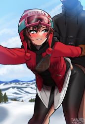 Rule 34 | 1boy, 1girl, arm grab, artist name, bag, bent over, black hair, blush, clothed sex, coat, doggystyle, goggles, grey eyes, hat, highres, hood, hoodie, lip biting, looking back, mountain, outdoors, pants, ruby rose, rwby, rwby ice queendom, sex, sex from behind, short hair, ski mask, sky, snow, tabletknight, thighs, tight clothes, tight pants, tree, yoga pants
