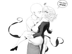 Rule 34 | 1boy, 1girl, artist request, ass, bald, bare legs, blush, breasts, cargo pants, closed eyes, curly hair, embarrassed, english text, greyscale, hand around neck, height difference, hetero, high heels, highres, kiss, leg between thighs, leg up, long sleeves, monochrome, no panties, one-punch man, pants, pelvic curtain, pumps, saitama (one-punch man), shirt, short hair, small breasts, surprise kiss, surprised, t-shirt, tatsumaki, thought bubble, wide hips