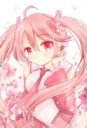 Rule 34 | 1girl, ahoge, bare shoulders, blush, cherry blossoms, closed mouth, collared shirt, commentary request, cowboy shot, detached sleeves, dress shirt, flower, frilled shirt, frilled shirt collar, frills, hair between eyes, hand on own cheek, hand on own face, hatsune miku, head tilt, highres, long hair, looking at viewer, necktie, pink eyes, pink hair, pink necktie, pink shirt, pink skirt, pink theme, pleated skirt, sakura miku, shirt, skirt, sleeveless, sleeveless shirt, solo, tie clip, upper body, very long hair, vocaloid, white background, yukio yuki